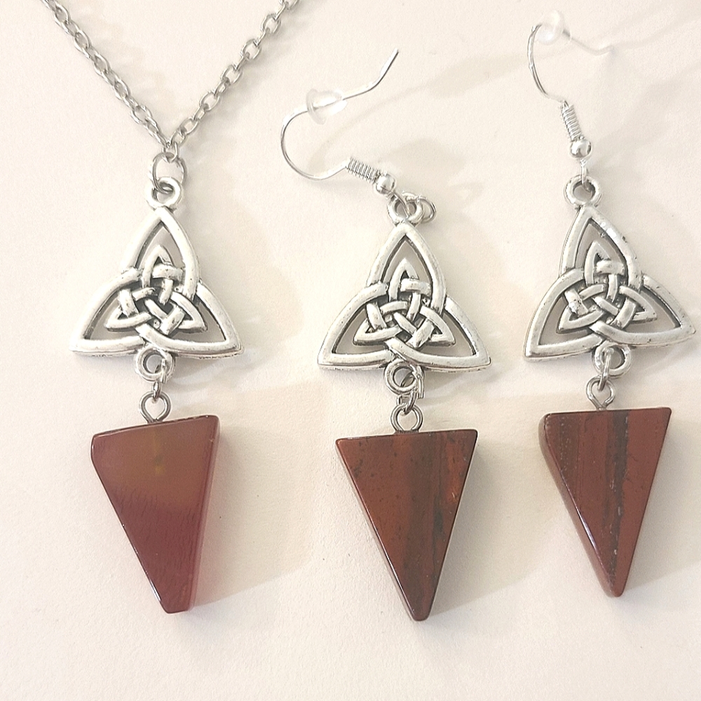 Silver Celtic Knot Triangle Red Jasper Mookaite Stone Jewelry Set